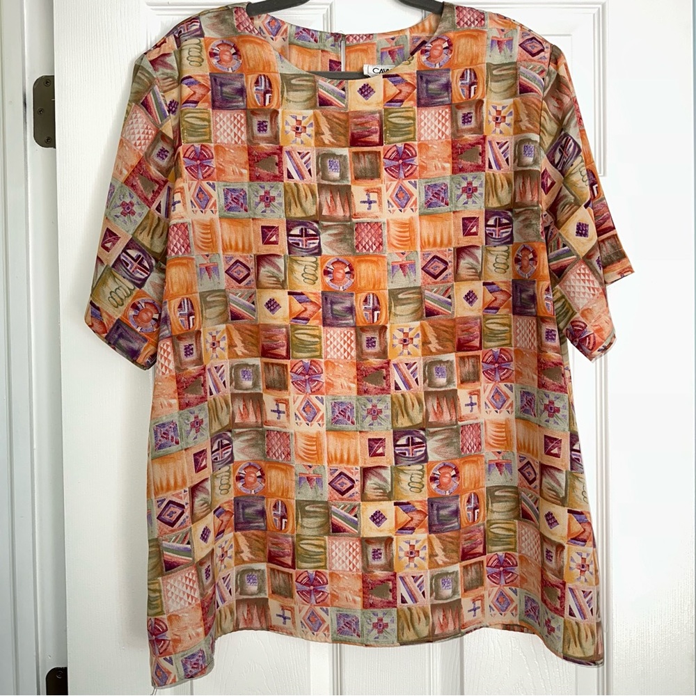2X Vintage blouse w/ shoulder pads, grid pattern in peach, mint green, lavender